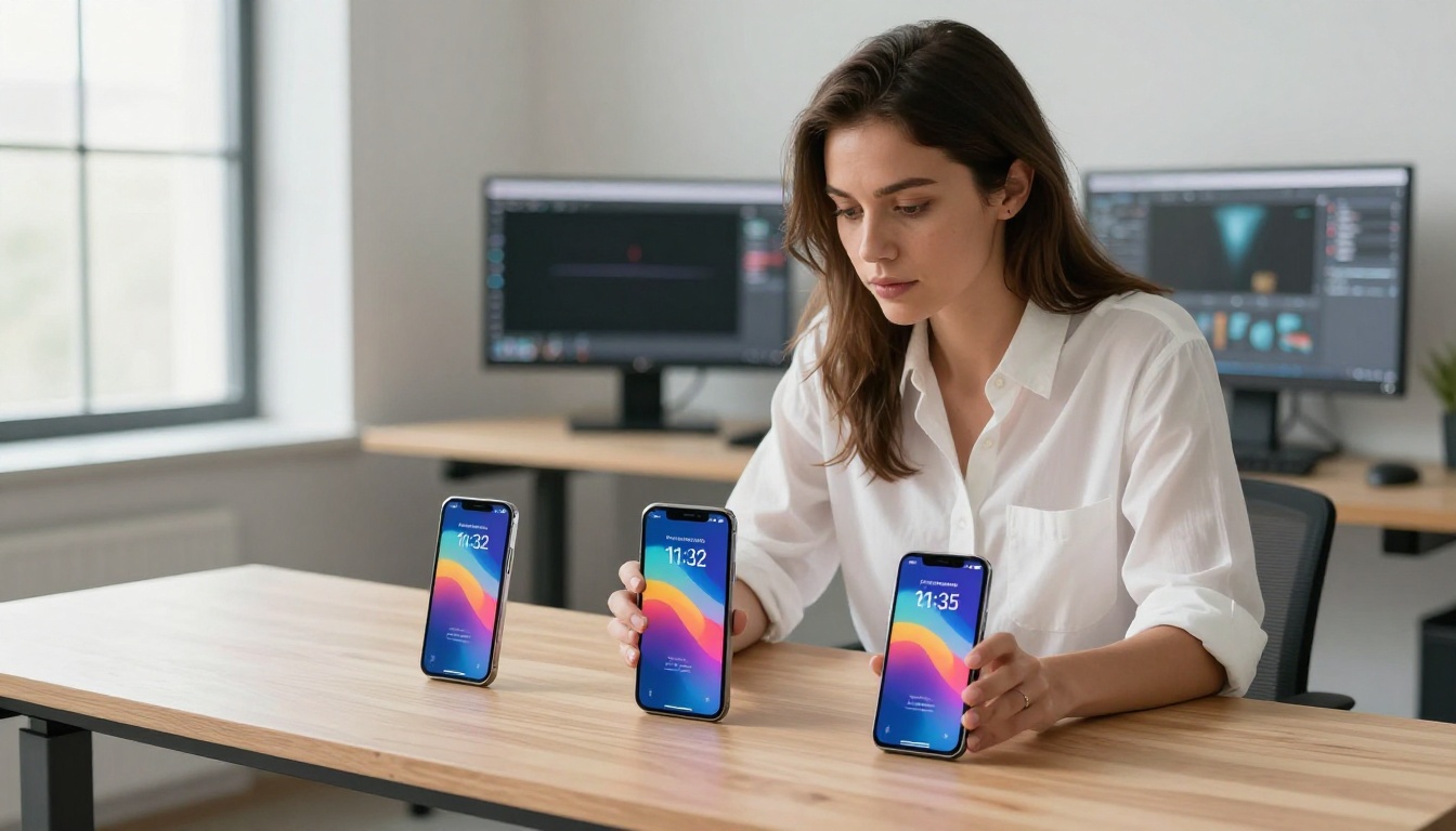 Woman at standing desk examining three smartphones of different sizes all showing the same digital flipbook in responsive mobile view