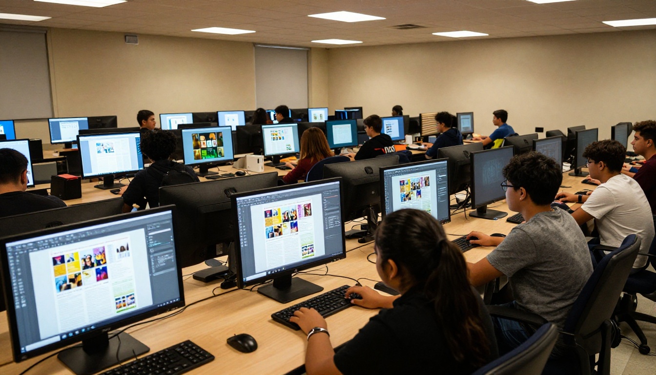 Students working on school magazine layouts in computer lab Students working on school magazine layouts in computer lab