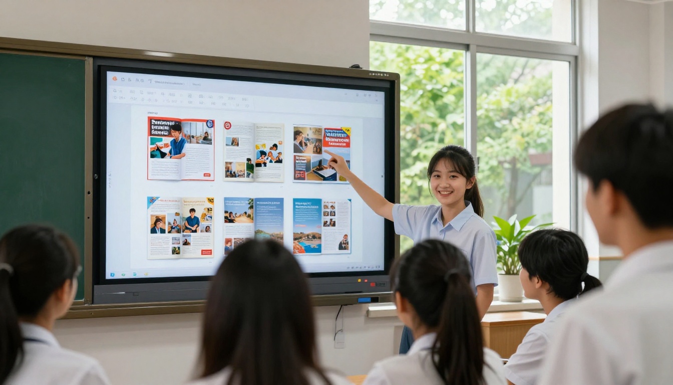 Student presenting school magazine flipbook on classroom touchscreen display Student presenting school magazine flipbook on classroom touchscreen display