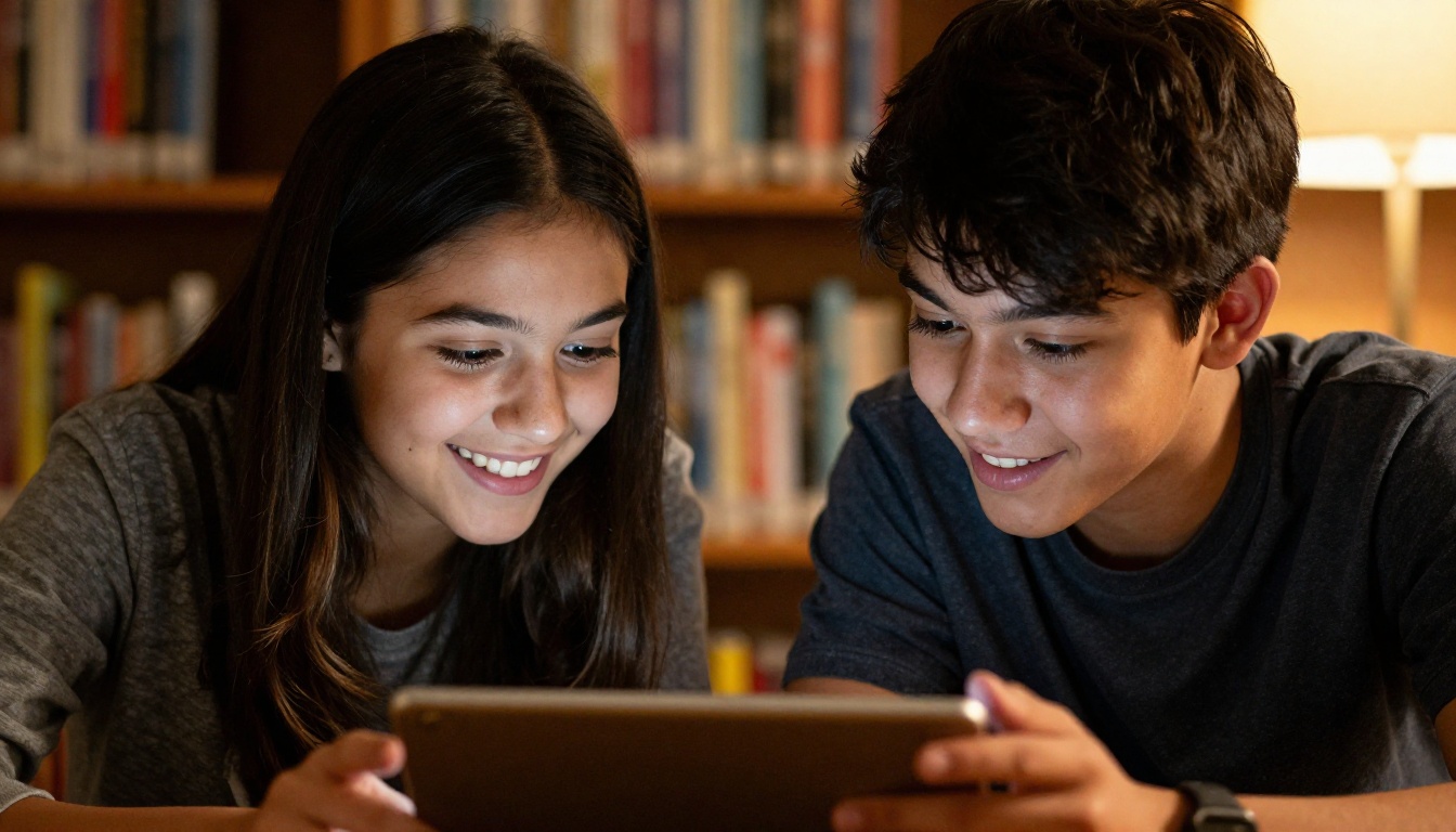 Two students sharing a school magazine flipbook on tablet at library table Two students sharing a school magazine flipbook on tablet at library table
