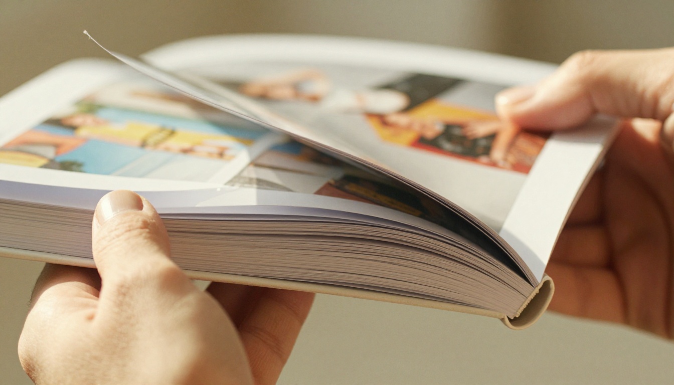 Macro close-up hands flipping glossy catalog pages mid-turn showing paper texture