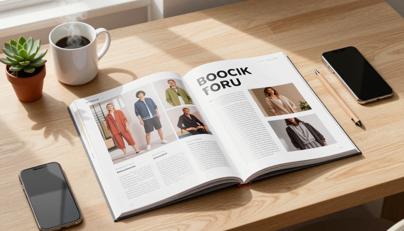 Open glossy product catalog on desk with coffee and phone from aerial view