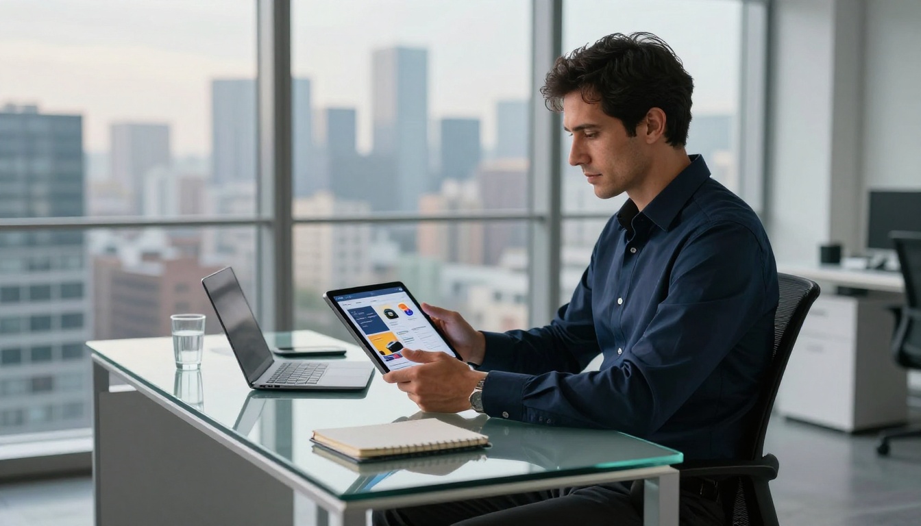 Business professional reviewing digital catalog on tablet in modern glass office