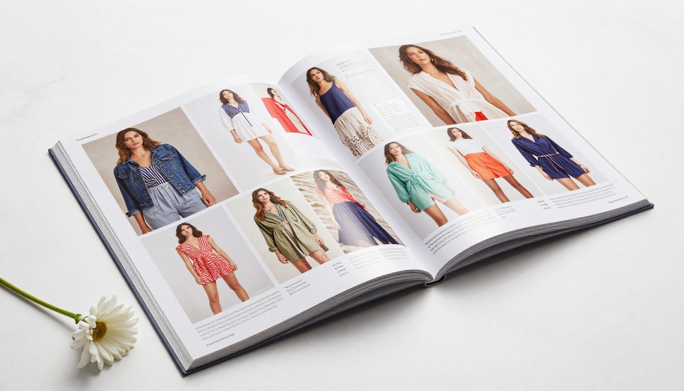 Vibrant fashion catalog open spread on white marble surface with white flower