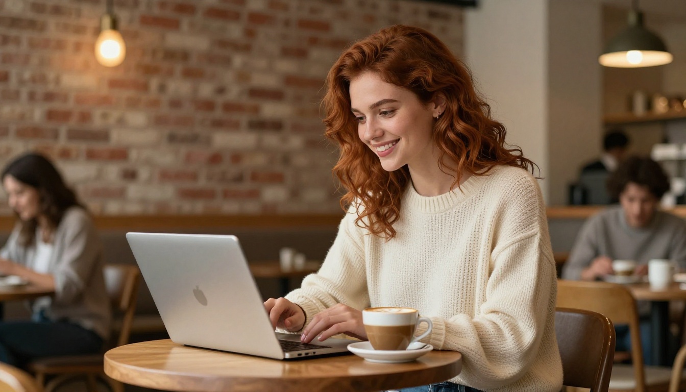 Young woman browsing digital catalog on laptop at cozy sunlit cafe