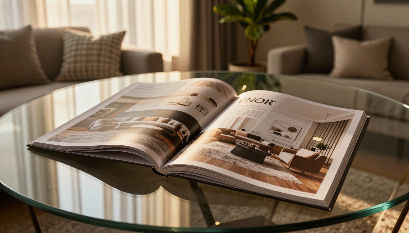 Interior design catalog on glass coffee table low-angle with warm living room golden light