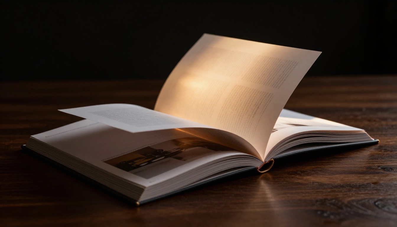 Dramatic side-profile of thick glossy catalog mid-page-turn with warm backlight