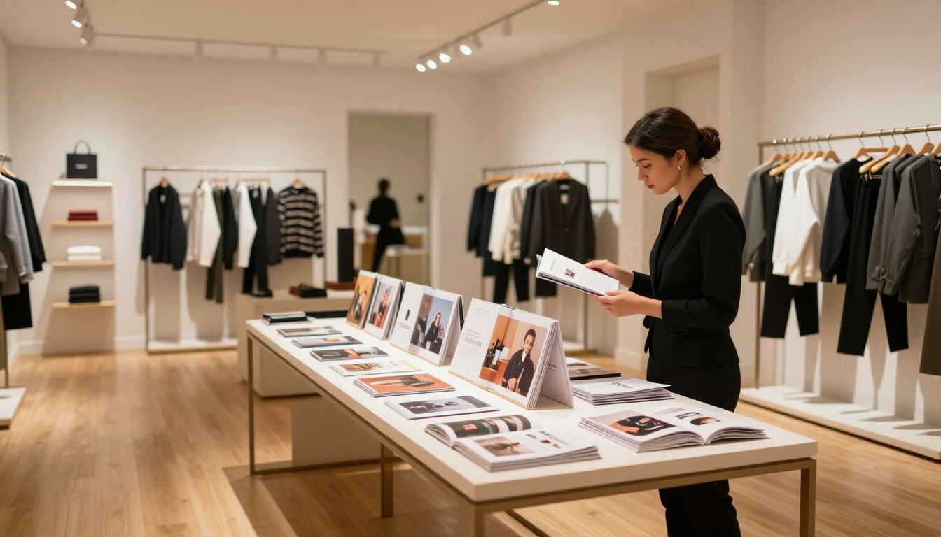 Upscale retail boutique interior with open catalog display and stylish sales associate