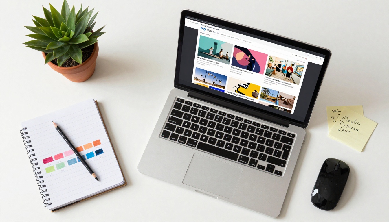 A creative workspace with a laptop open to a flipbook customization interface with color palettes A creative workspace with a laptop open to a flipbook customization interface with color palettes
