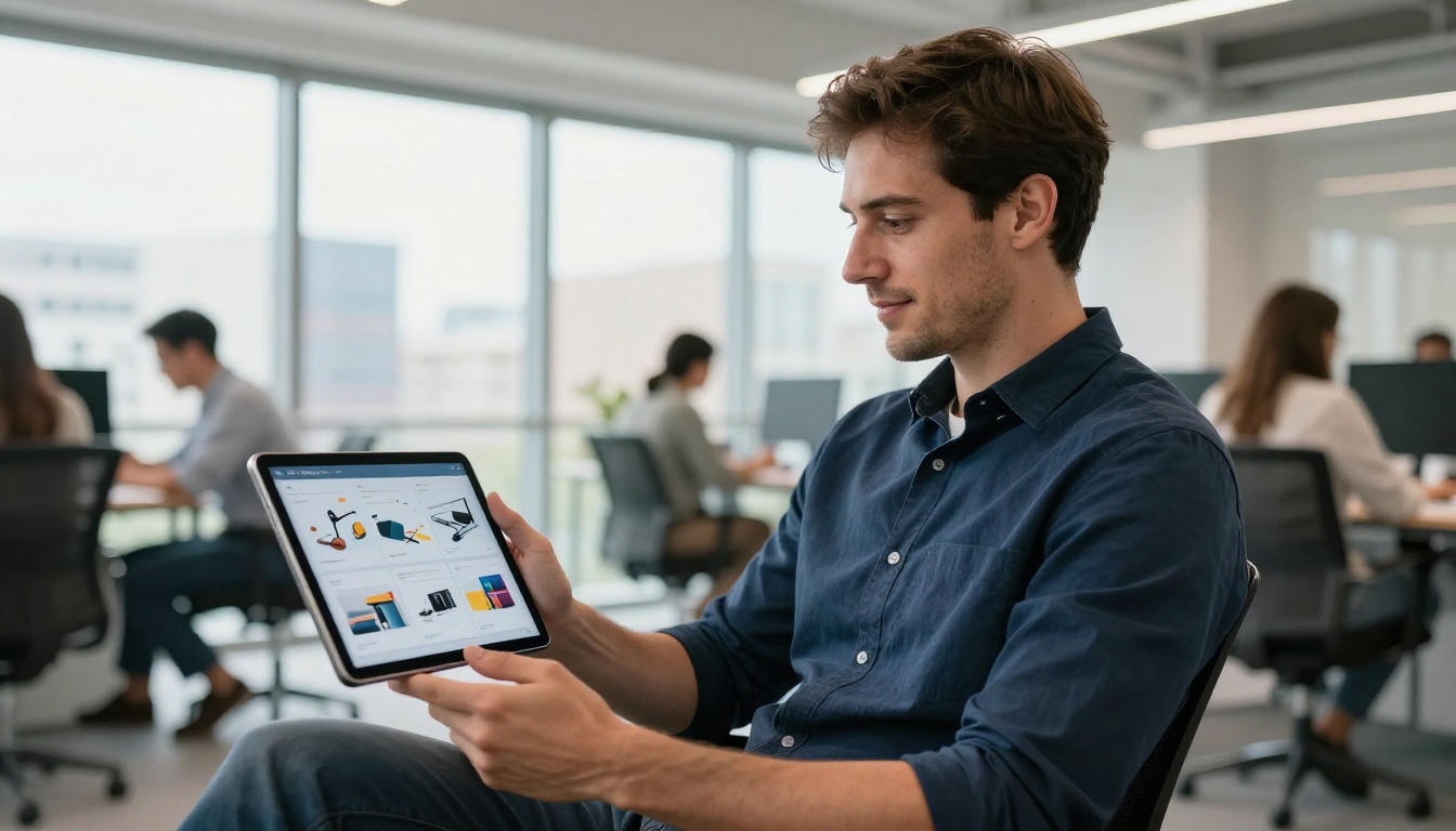 A business professional sharing a digital flipbook on a tablet in a bright modern office A business professional sharing a digital flipbook on a tablet in a bright modern office
