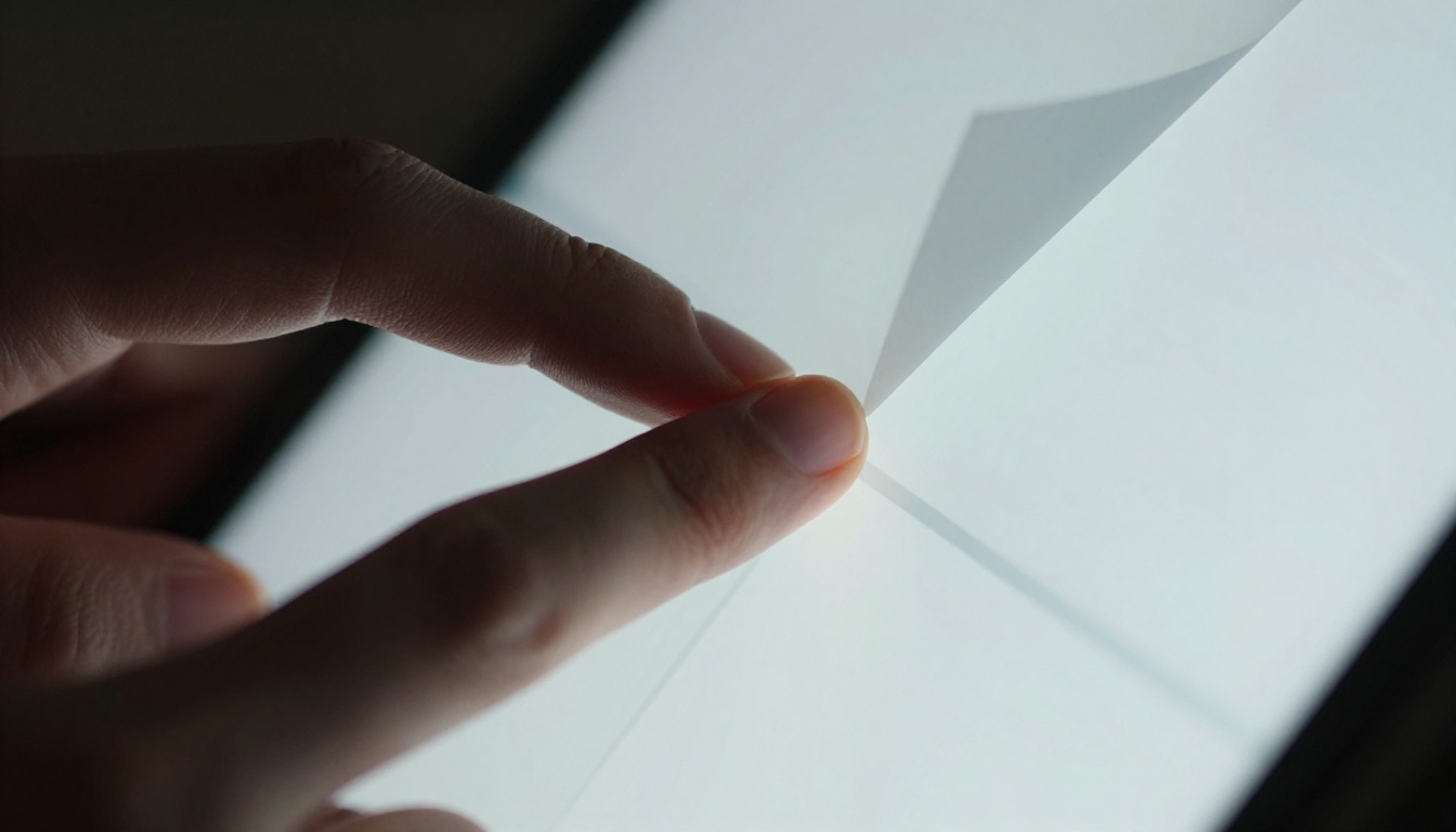 Close-up macro of a finger tapping a tablet screen showing a digital flipbook page mid-turn animation Close-up macro of a finger tapping a tablet screen showing a digital flipbook page mid-turn animation