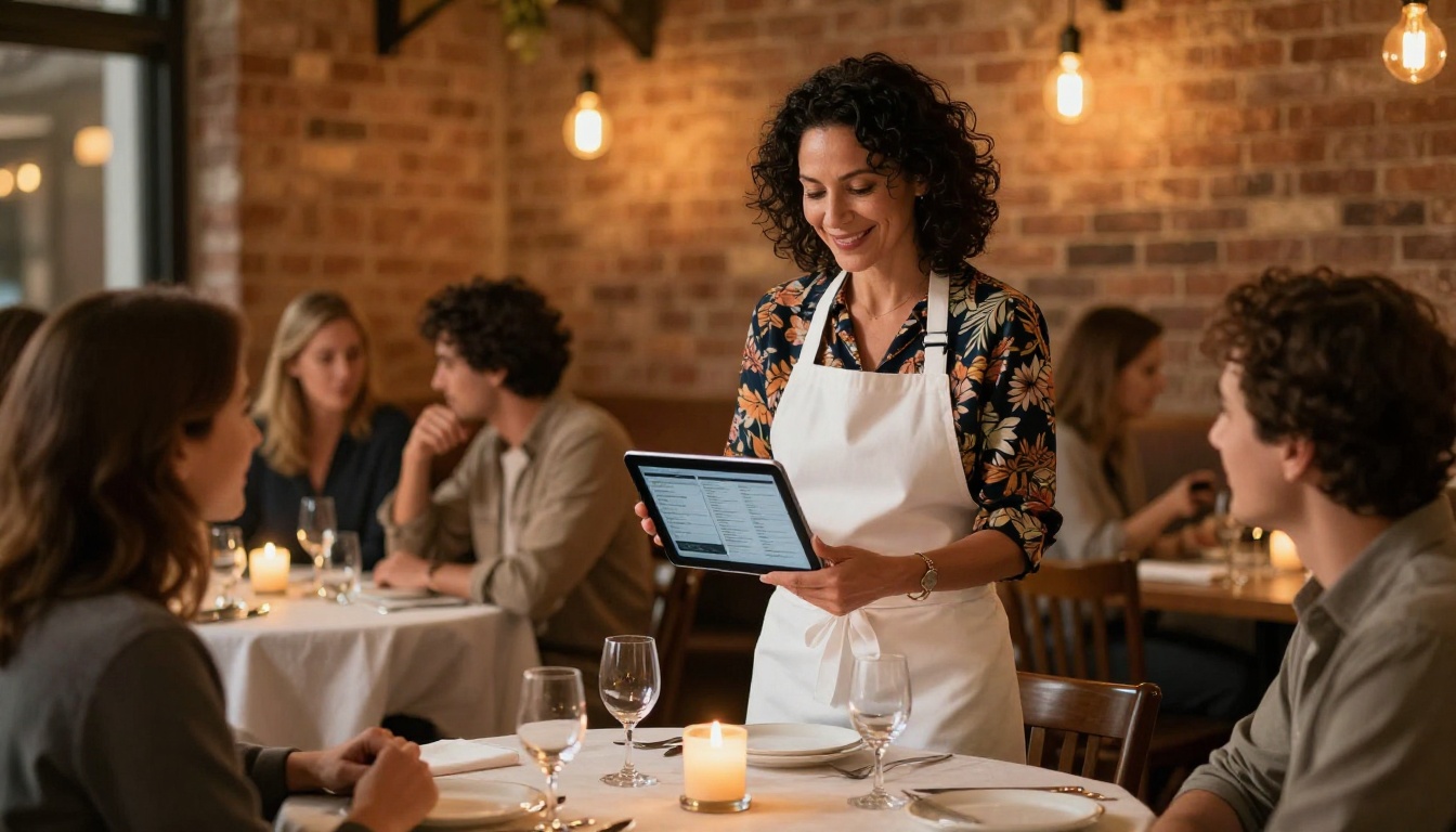 A restaurant owner showing a digital menu flipbook to customers at a warmly lit restaurant table A restaurant owner showing a digital menu flipbook to customers at a warmly lit restaurant table