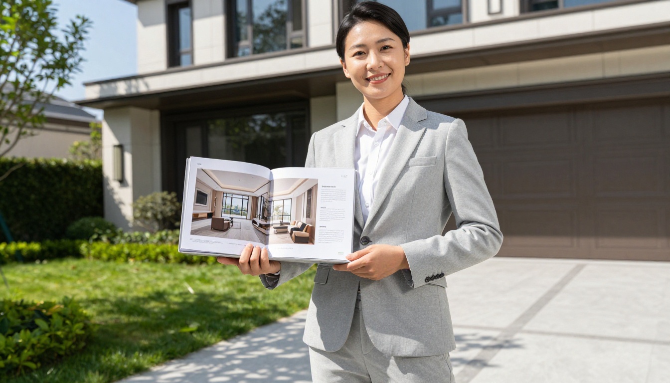 A real estate agent presenting a property brochure flipbook on a laptop in front of a luxury home A real estate agent presenting a property brochure flipbook on a laptop in front of a luxury home