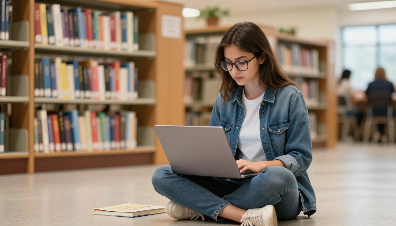 A college student viewing an interactive educational flipbook on a laptop in a campus library A college student viewing an interactive educational flipbook on a laptop in a campus library