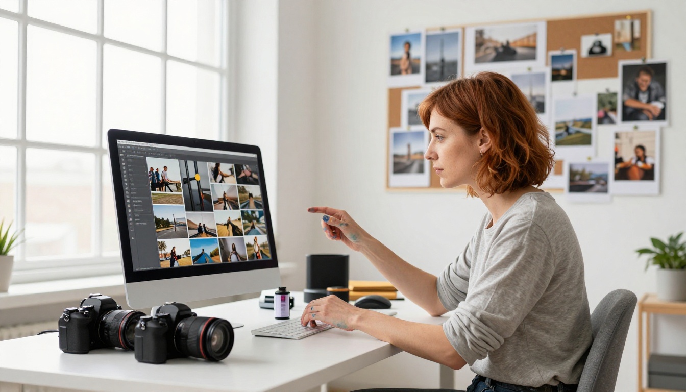A photographer reviewing her digital portfolio flipbook on a large monitor in a bright creative studio A photographer reviewing her digital portfolio flipbook on a large monitor in a bright creative studio