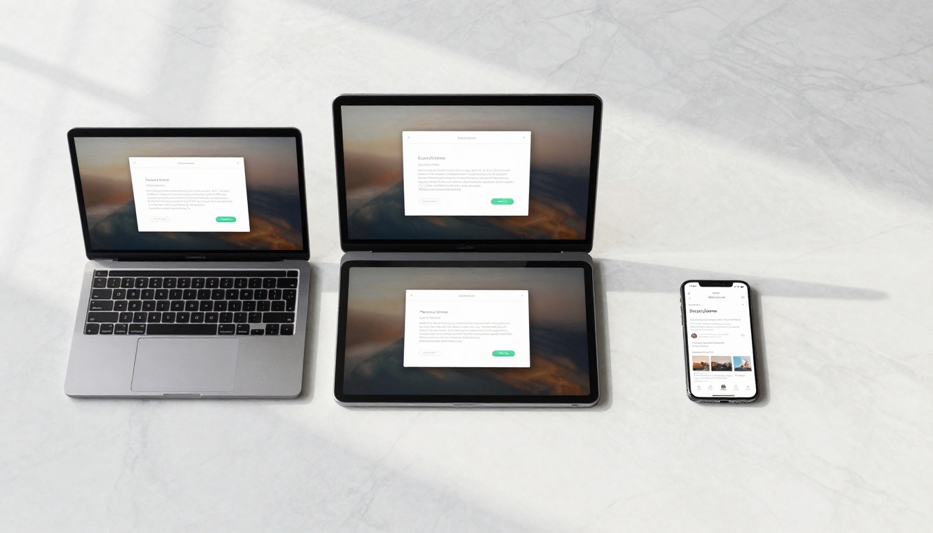 Three devices showing the same flipbook across laptop, tablet and smartphone on a marble surface Three devices showing the same flipbook across laptop, tablet and smartphone on a marble surface