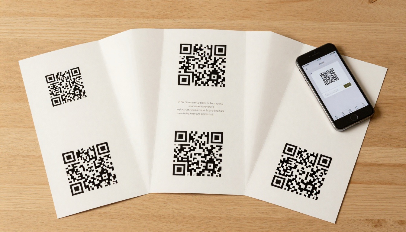 Marketing materials with QR codes spread on a desk