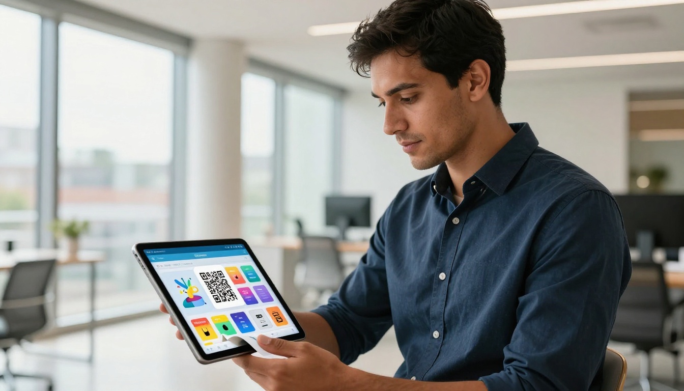 Man scanning a QR code on a tablet showing a digital flipbook