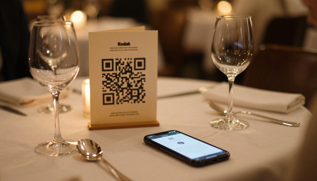 Elegant restaurant table with printed menu showing a QR code and a smartphone nearby
