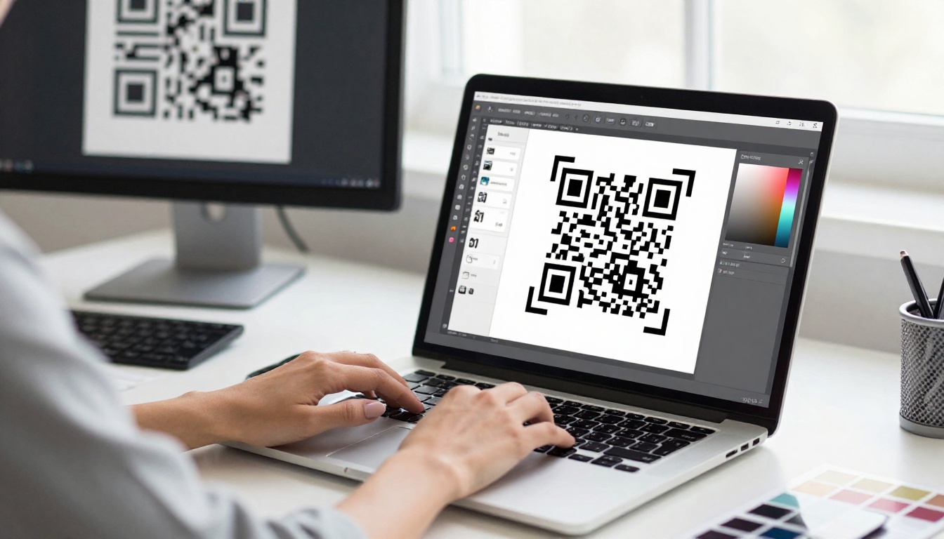 Graphic designer customizing a QR code on a laptop screen