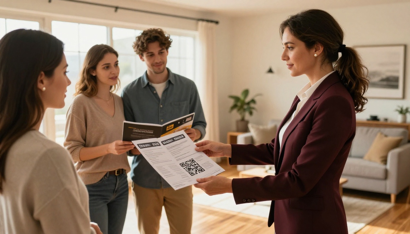 Real estate agent handing a brochure with QR code to a couple in a bright home interior