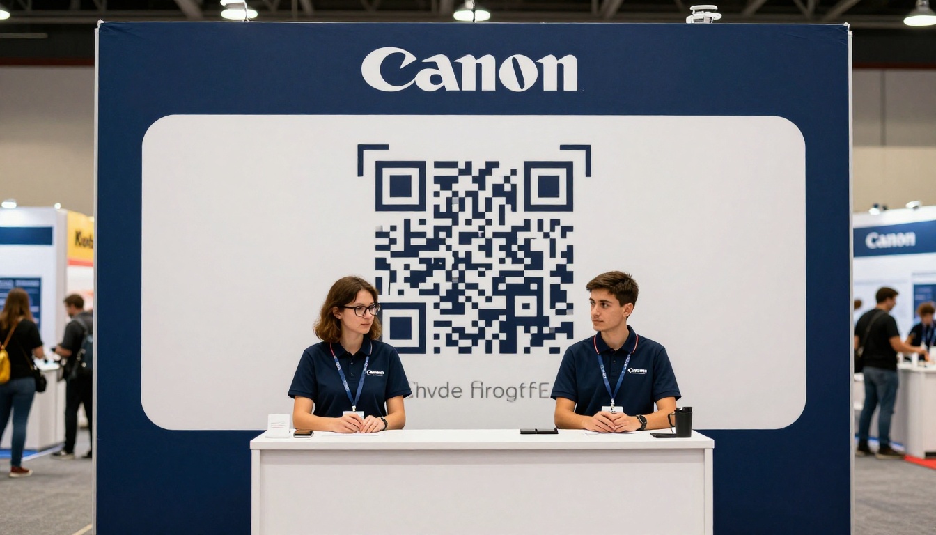 Trade show booth with large printed banner featuring a prominent QR code