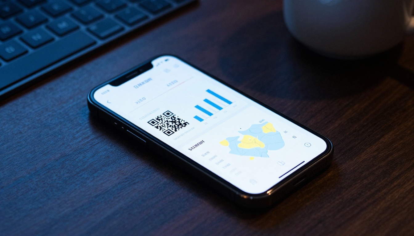 Smartphone showing an analytics dashboard with QR code scan statistics and charts
