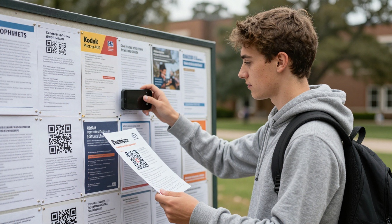 Young student scanning a QR code on a printed flyer on a university bulletin board