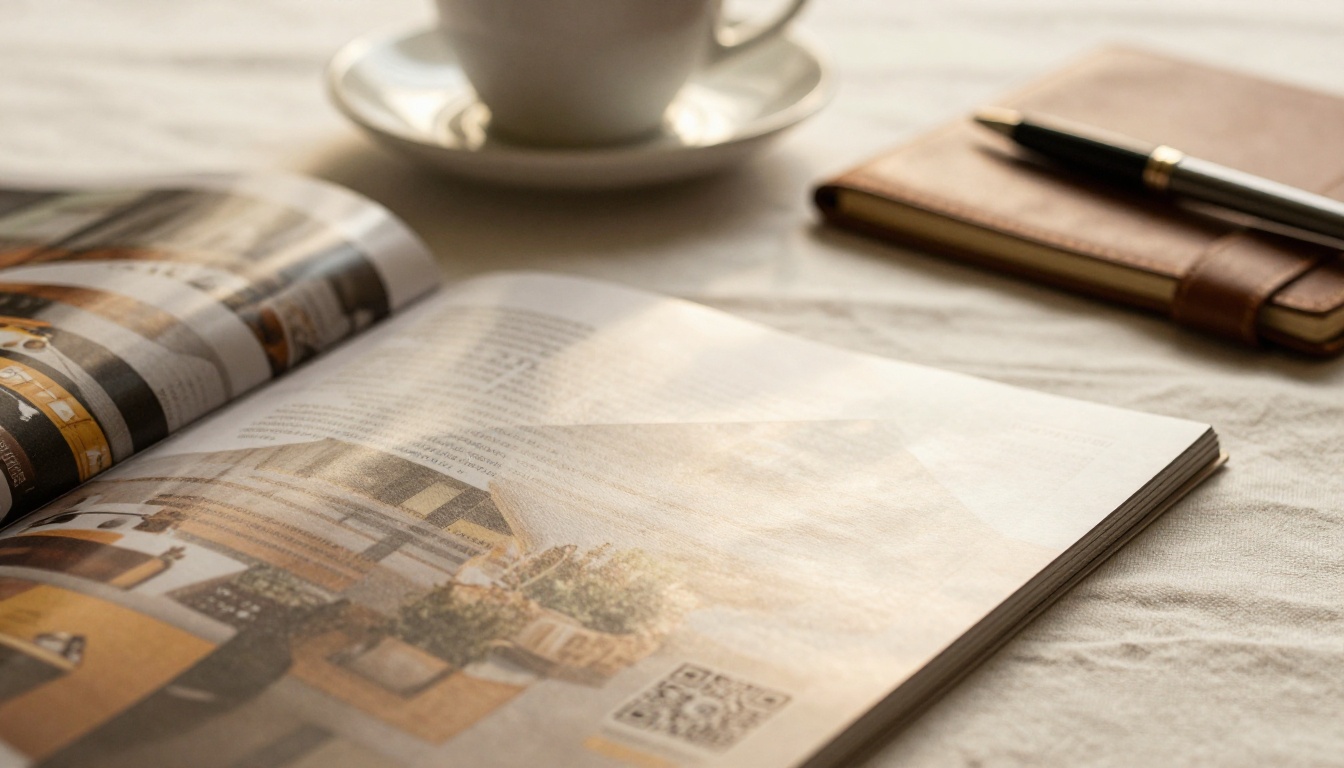 Close-up of a glossy magazine page with a QR code, espresso cup and notebook in soft focus background