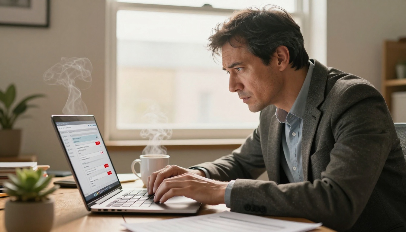A man examining email bounce-back notifications on his laptop screen