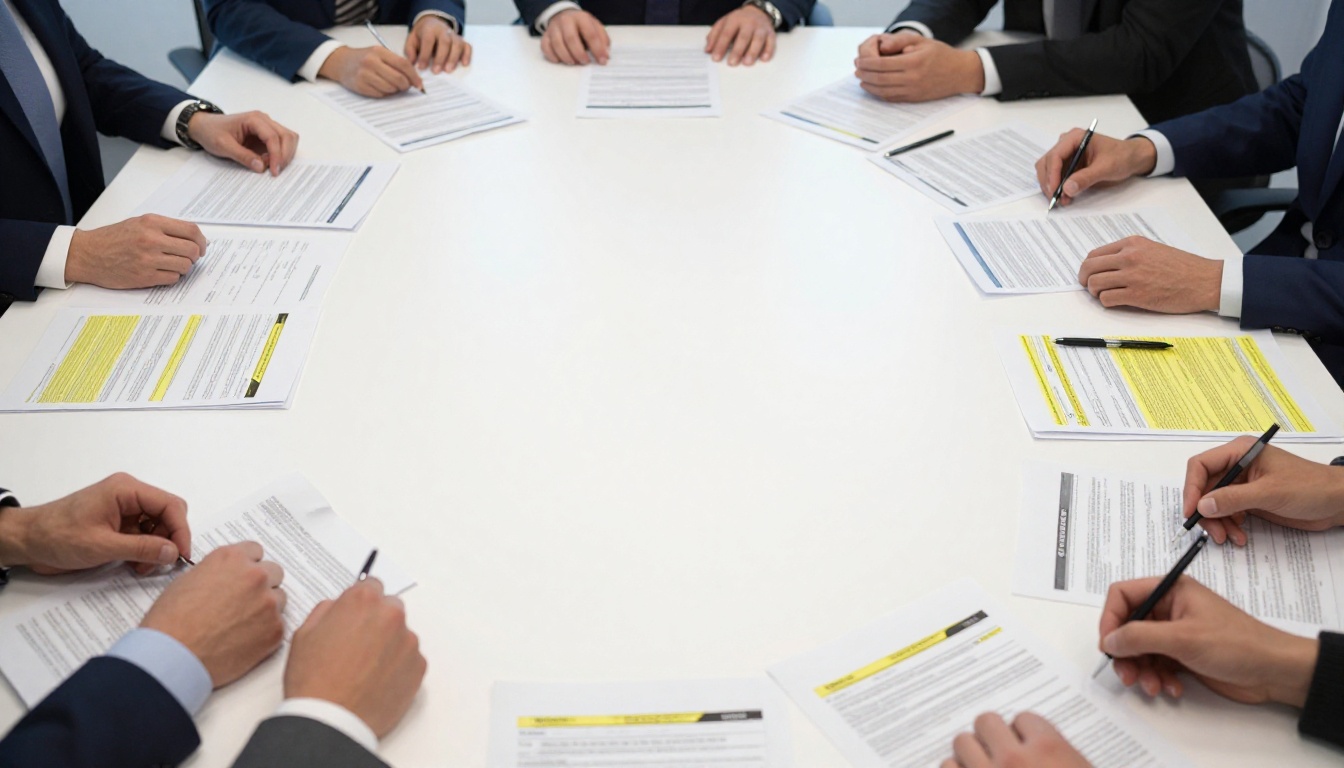 Aerial view of printed PDF documents scattered across a conference table