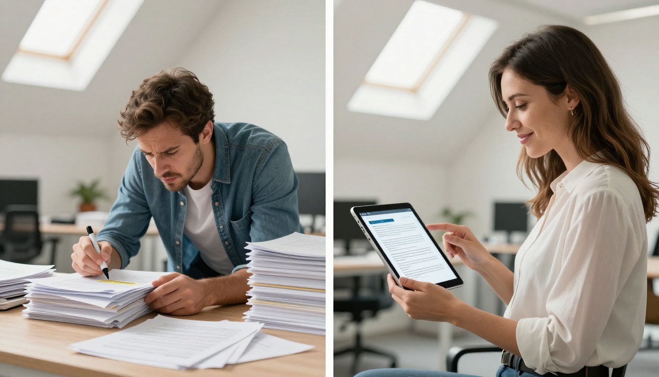 A frustrated professional with PDF documents beside a woman using a tablet flipbook
