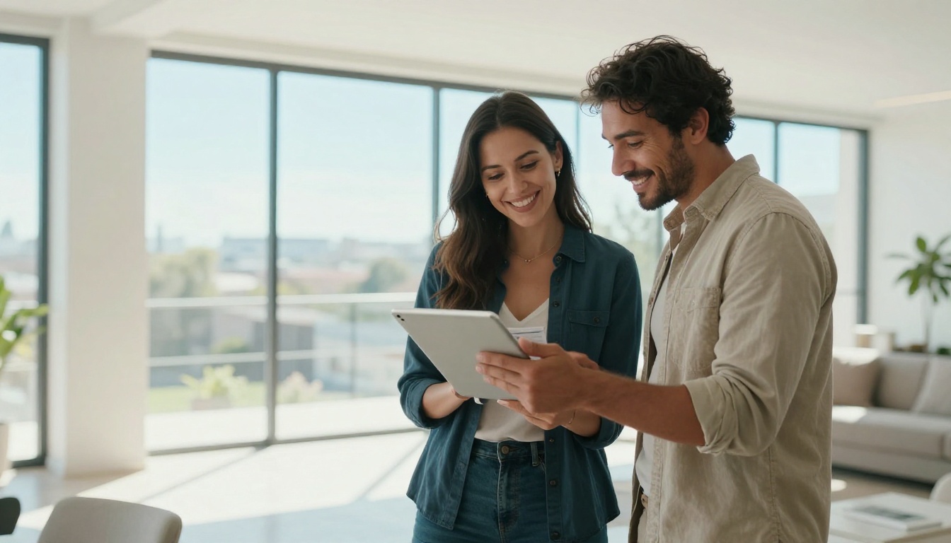A real estate agent presenting a tablet with property listings to a couple in a bright apartment