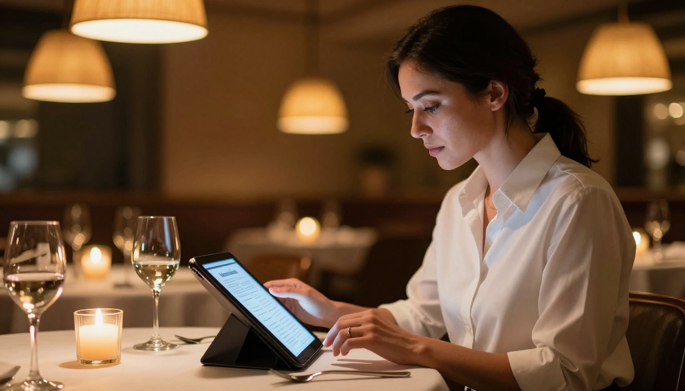 A restaurant manager reviewing a digital menu on a tablet in an elegant dining setting A restaurant manager reviewing a digital menu on a tablet in an elegant dining setting