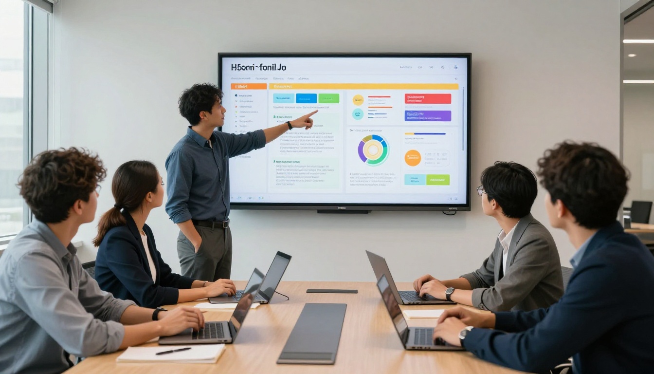 A marketing team gathered around a monitor showing an interactive flipbook presentation A marketing team gathered around a monitor showing an interactive flipbook presentation