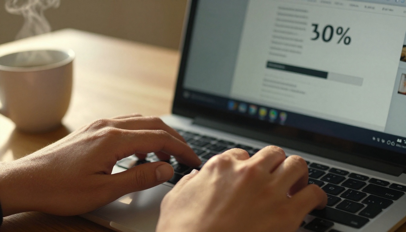 Hands uploading a PDF to a flipbook conversion interface on a laptop with morning light Hands uploading a PDF to a flipbook conversion interface on a laptop with morning light