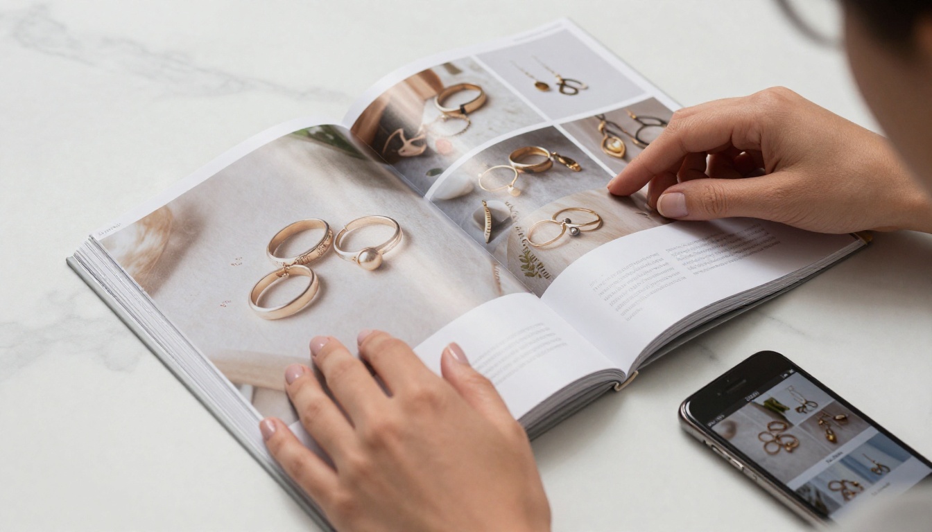 Hands browsing through a handmade jewelry product lookbook on a marble table