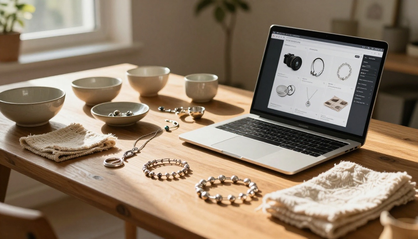 Low-angle view of a craft table with handmade ceramics and textiles, laptop showing digital flipbook in background