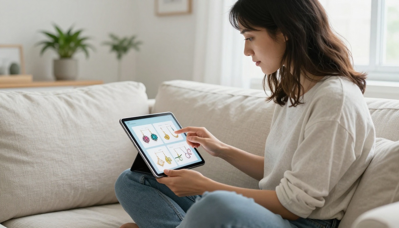 Woman browsing a digital product catalog on a tablet, sitting in a bright living room