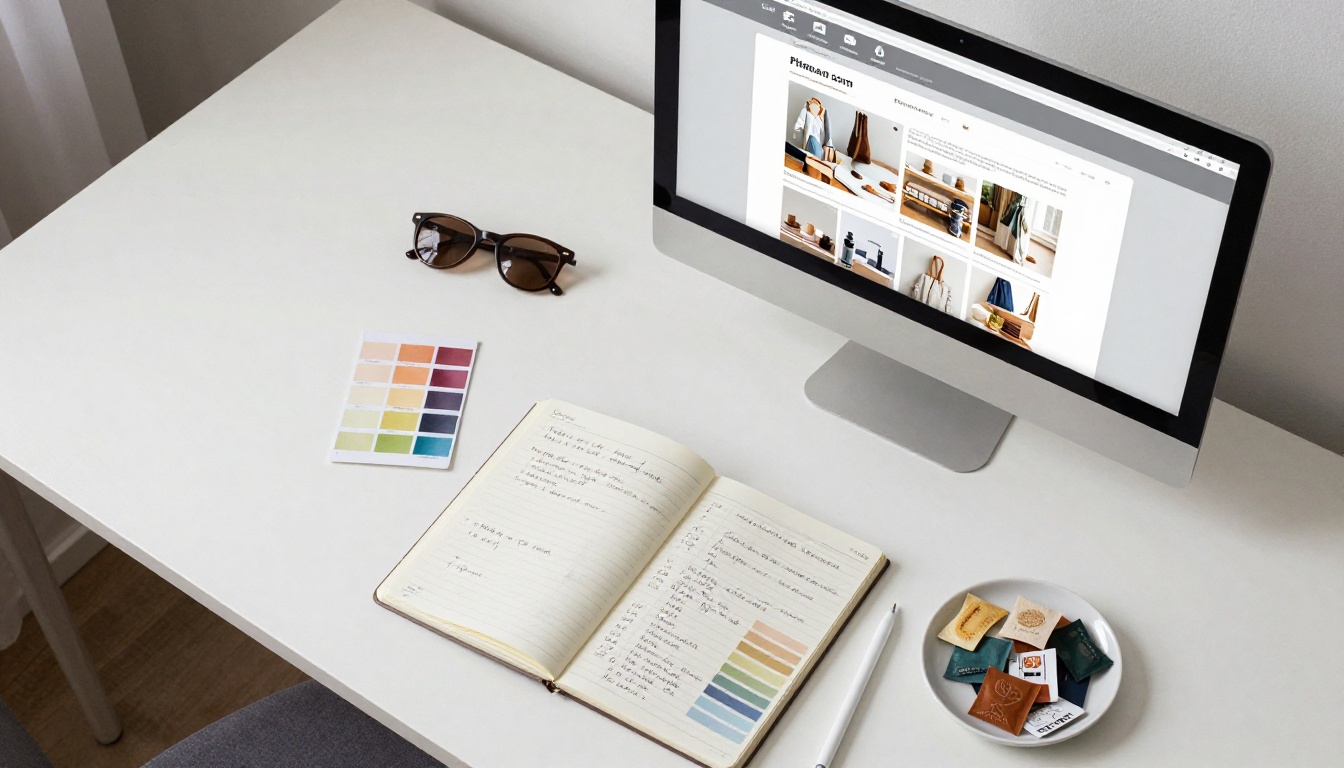 Aerial flat lay of a designer workspace with PDF catalog layout displayed on monitor
