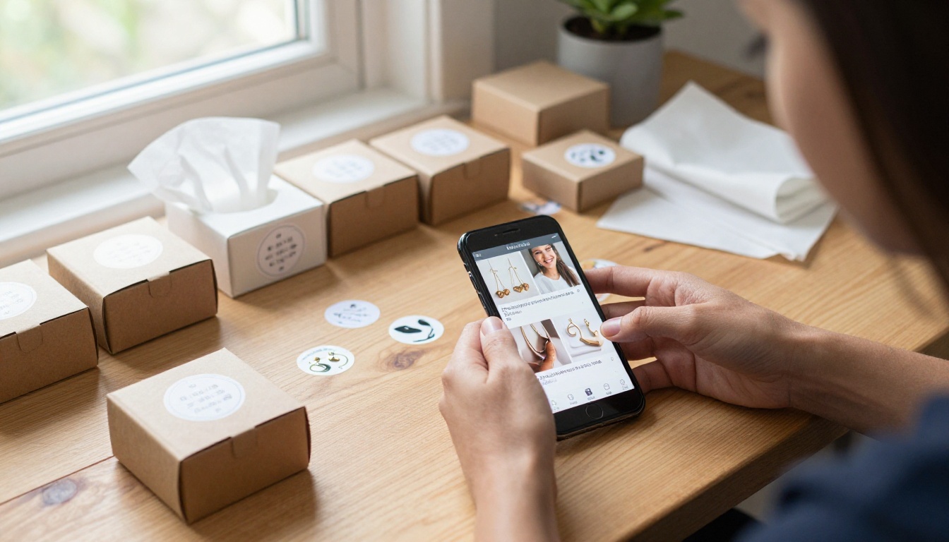 Etsy seller packaging handmade jewelry orders, smartphone showing digital catalog flipbook propped nearby