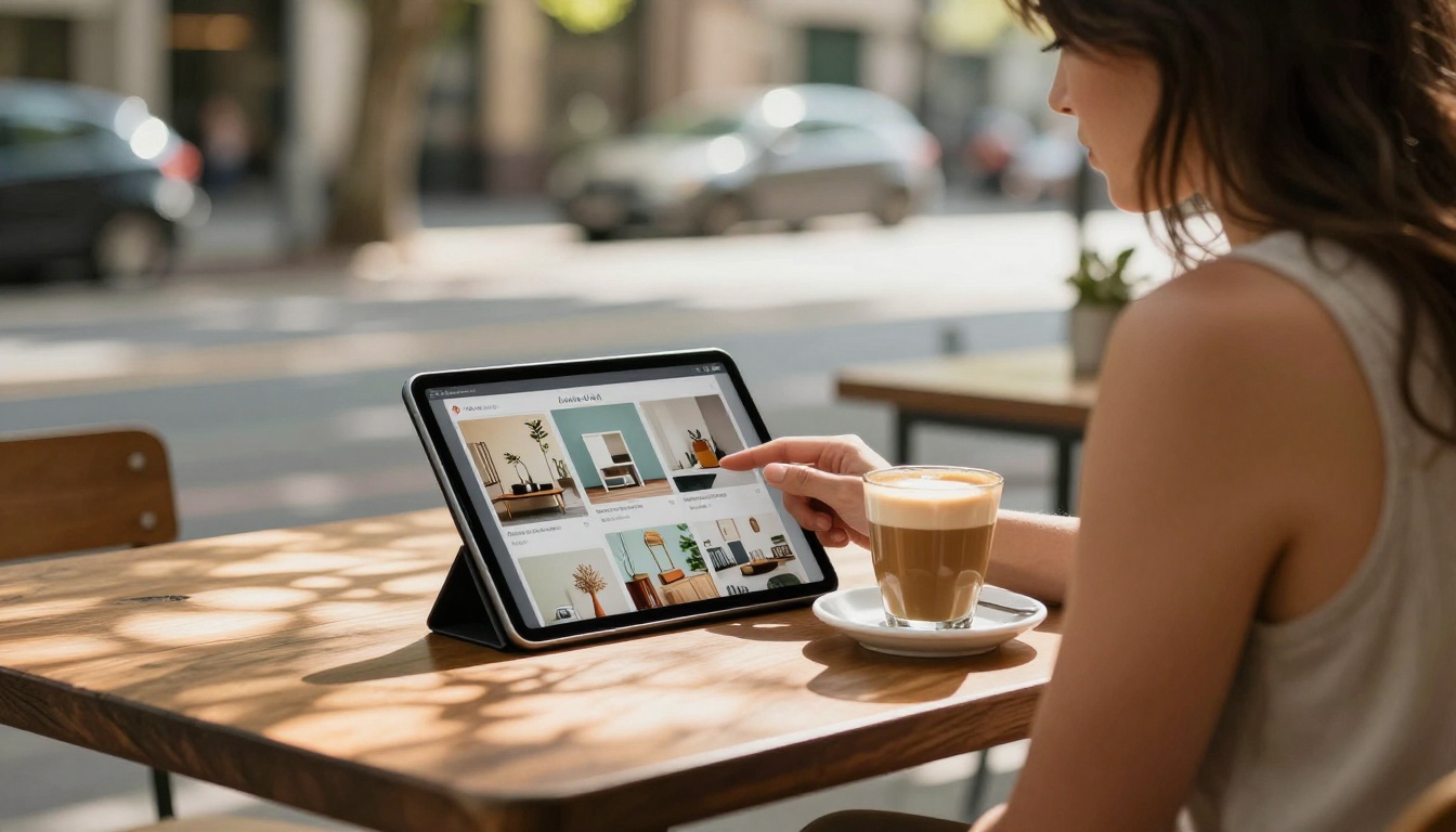 Small business owner reviewing a digital product catalog on a tablet at an outdoor cafe