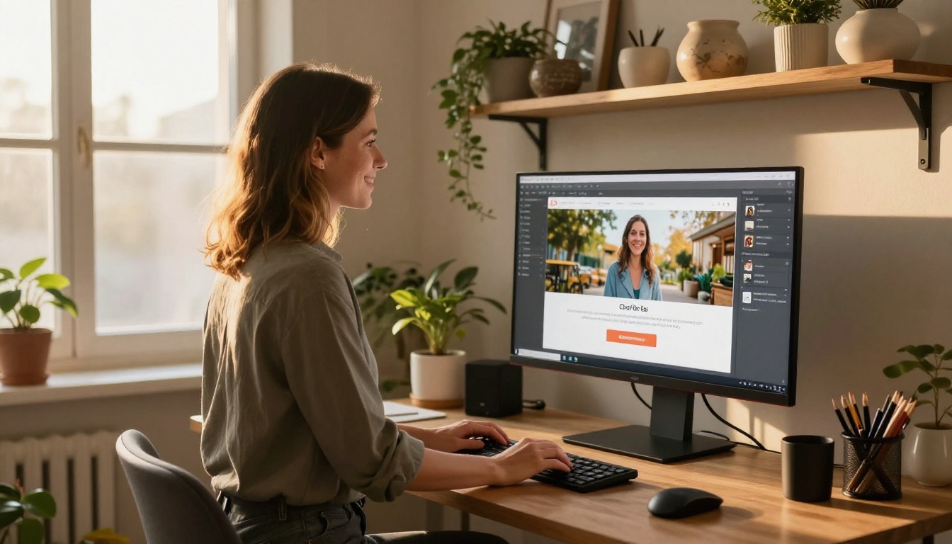 Woman at a standing desk, smiling at a completed digital flipbook displayed on a large monitor