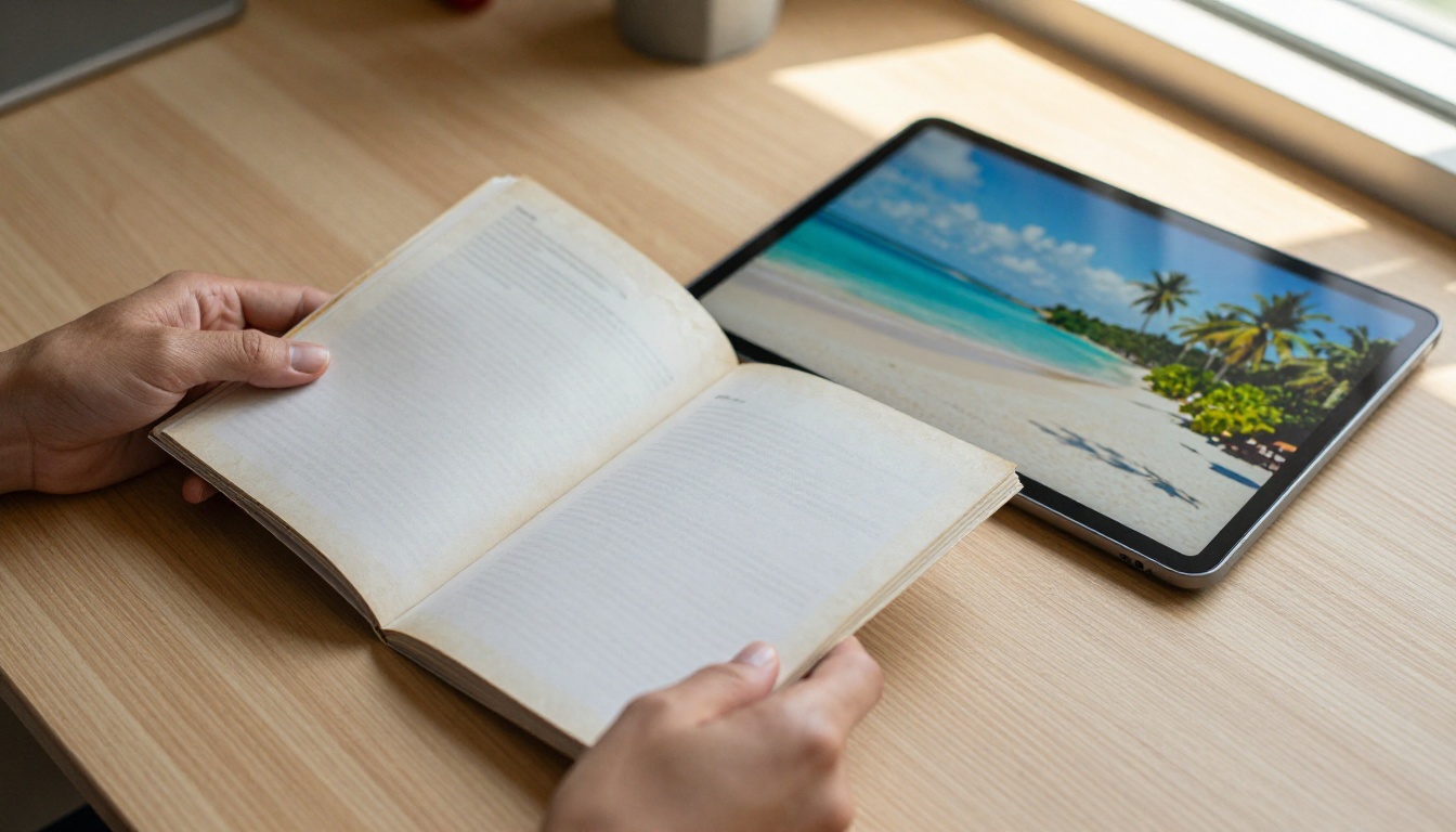 Paper brochure vs digital flipbook comparison on a travel agency desk