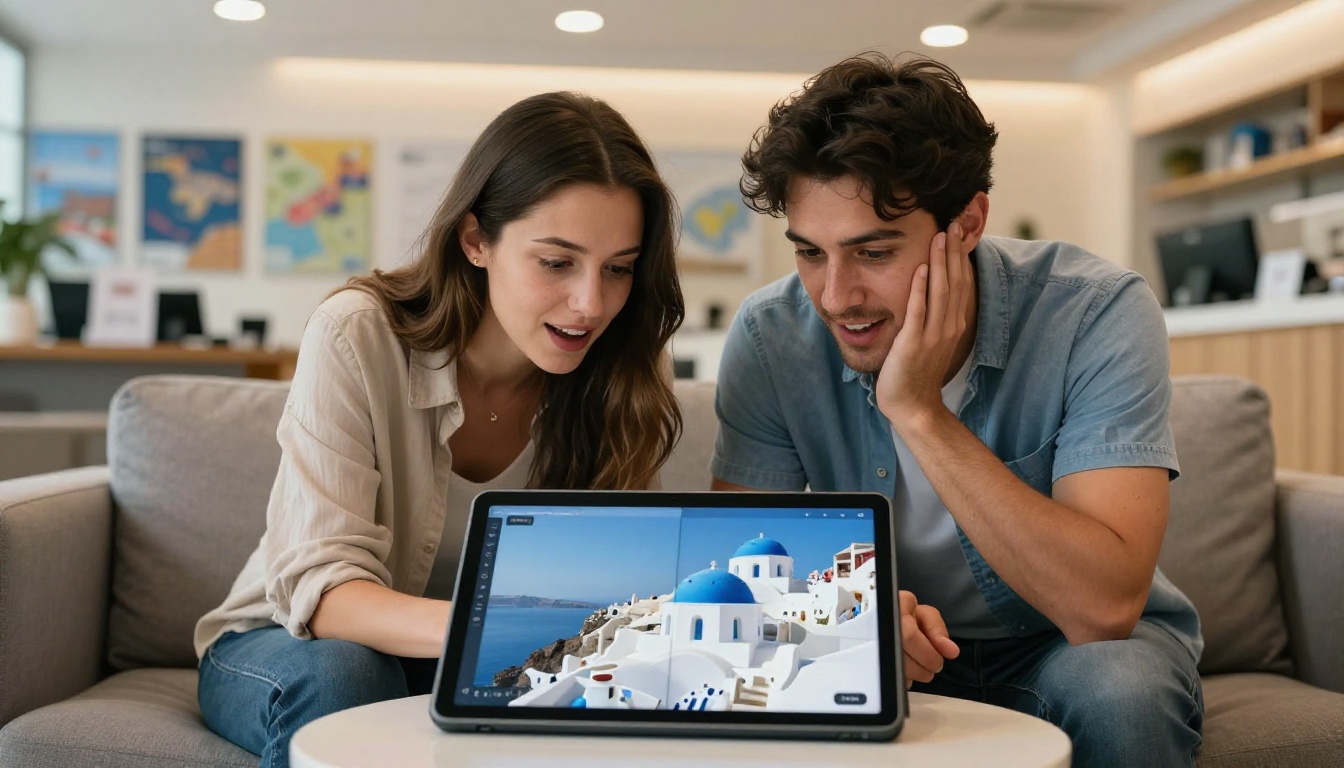 Couple in travel agency viewing destination flipbook on tablet showing Santorini