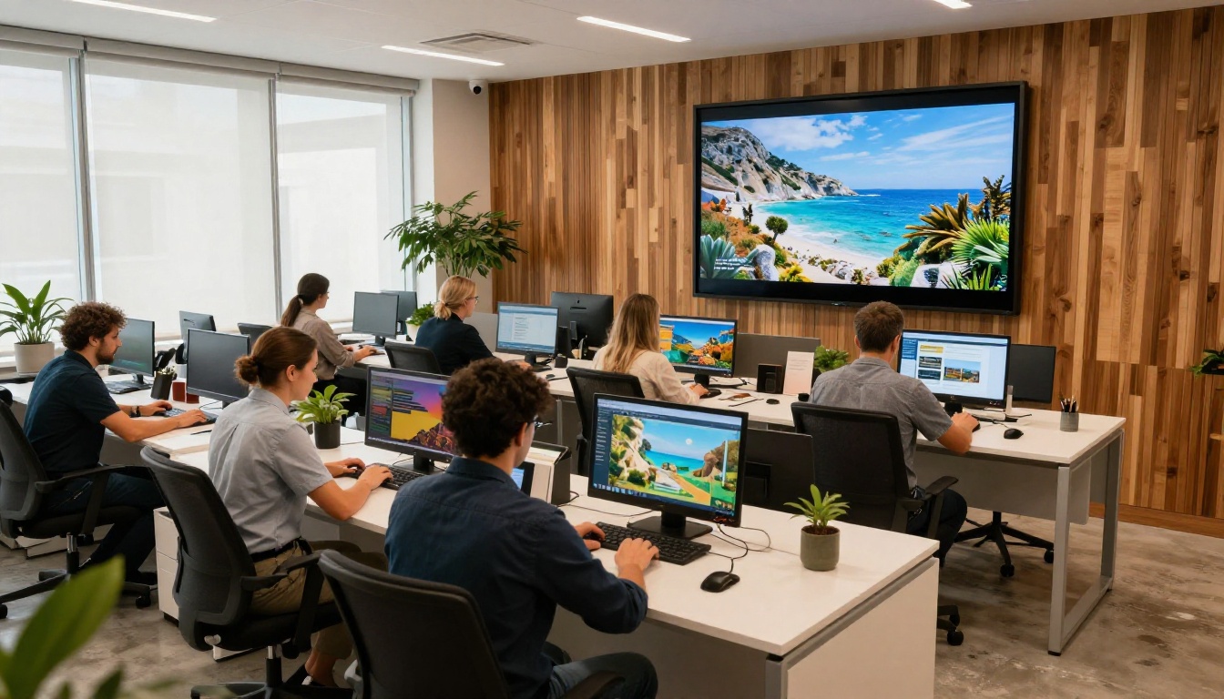 Modern travel agency office with consultants presenting digital flipbooks on screens