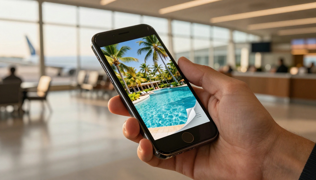 Businessman viewing travel flipbook on smartphone at airport departure lounge