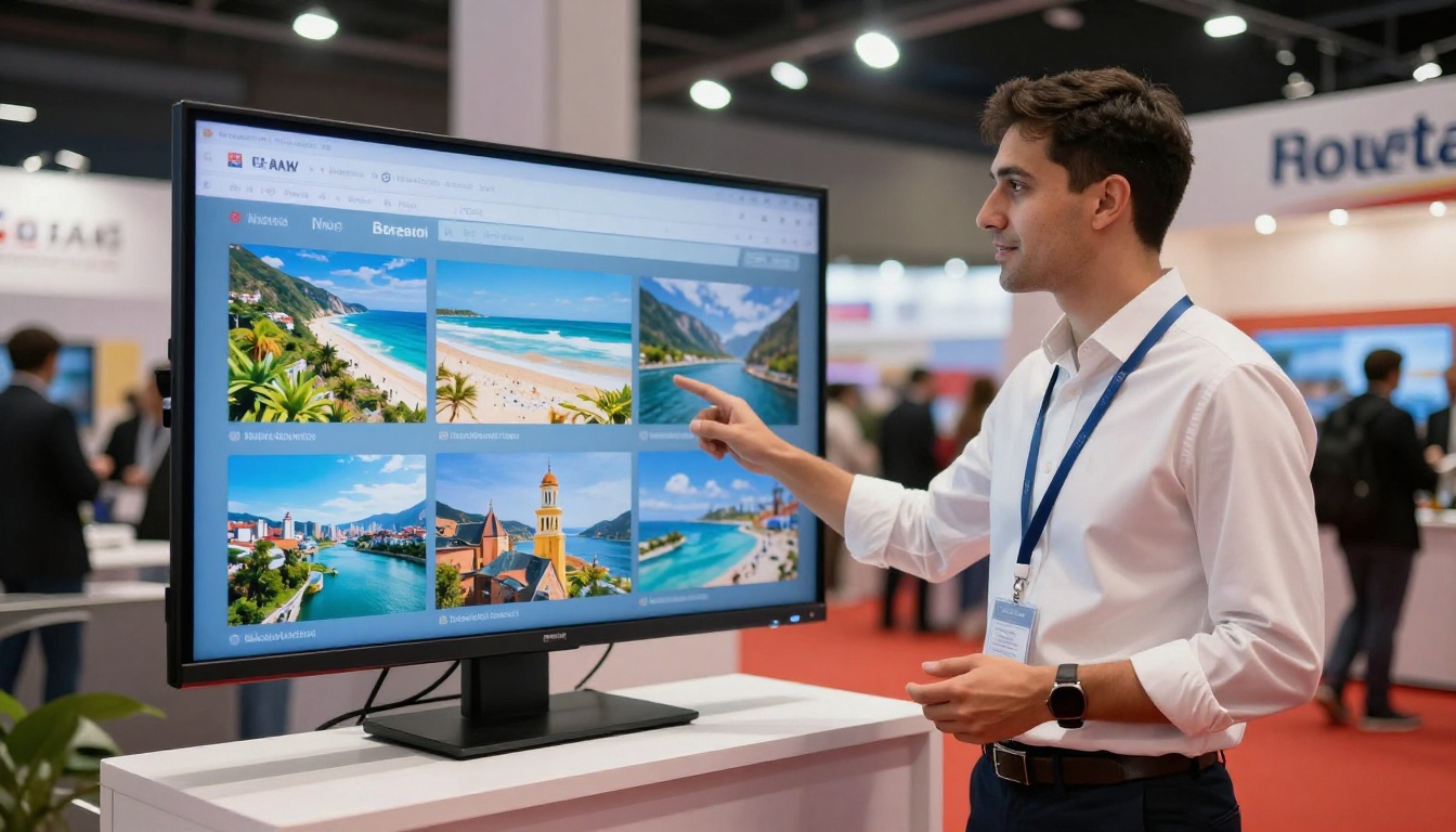 Travel agent at trade show booth presenting destination flipbook on large display screen