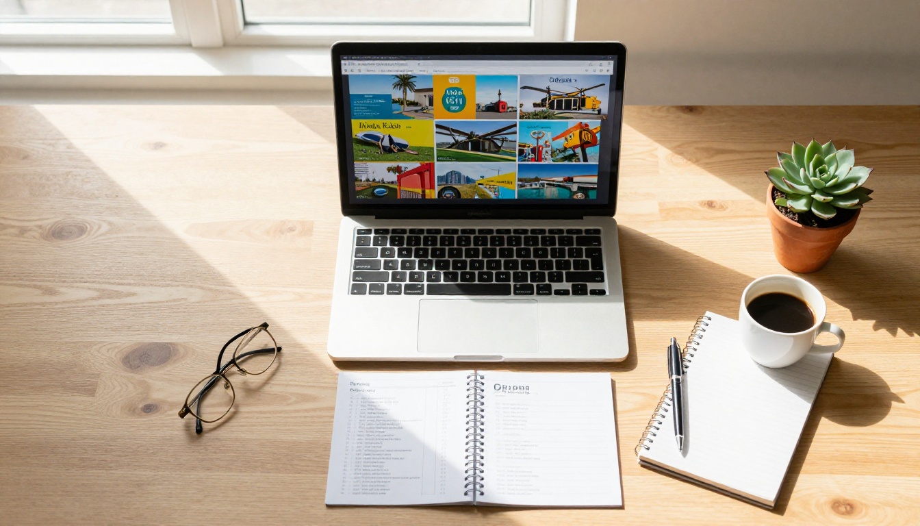 Travel agency consultant desk flat lay with laptop displaying digital brochure, coffee, and notepad