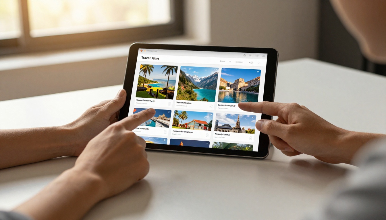 Two hands collaborating on a tablet showing a travel package comparison page